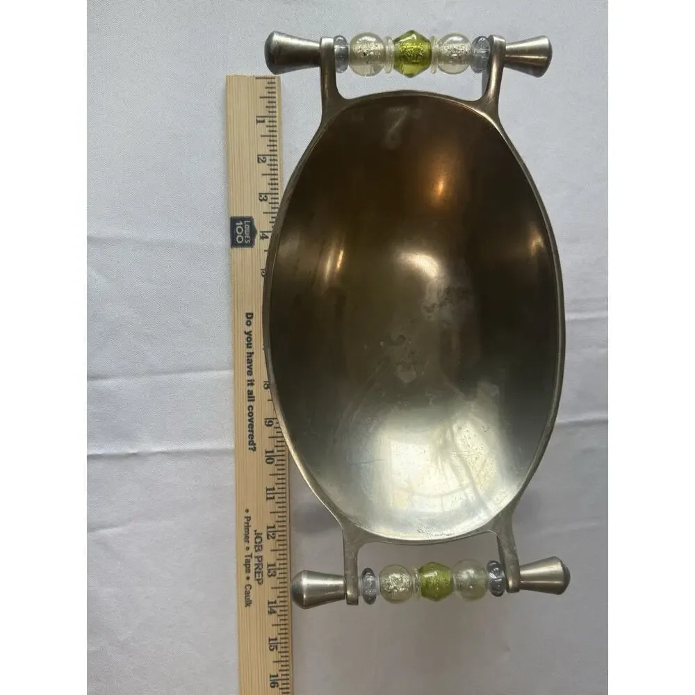 Metal Serving Trinket Bowl W/ Boho Bead Handles 12.5